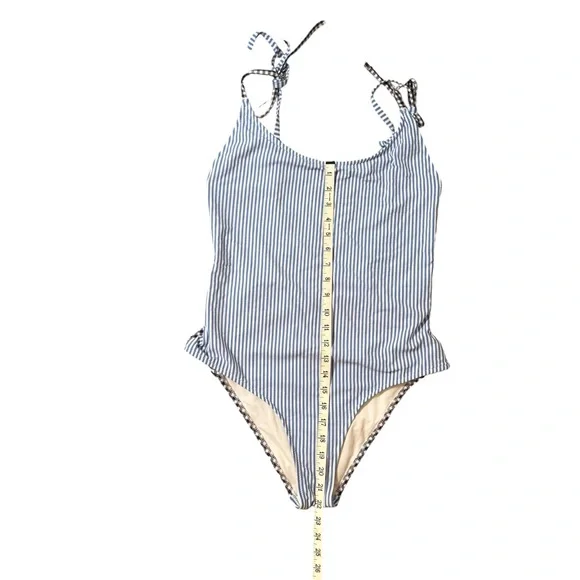 Aerie Navy Blue and White Gingham Striped Seersucker One-Piece Swimsuit Size L - Picture 10 of 15
